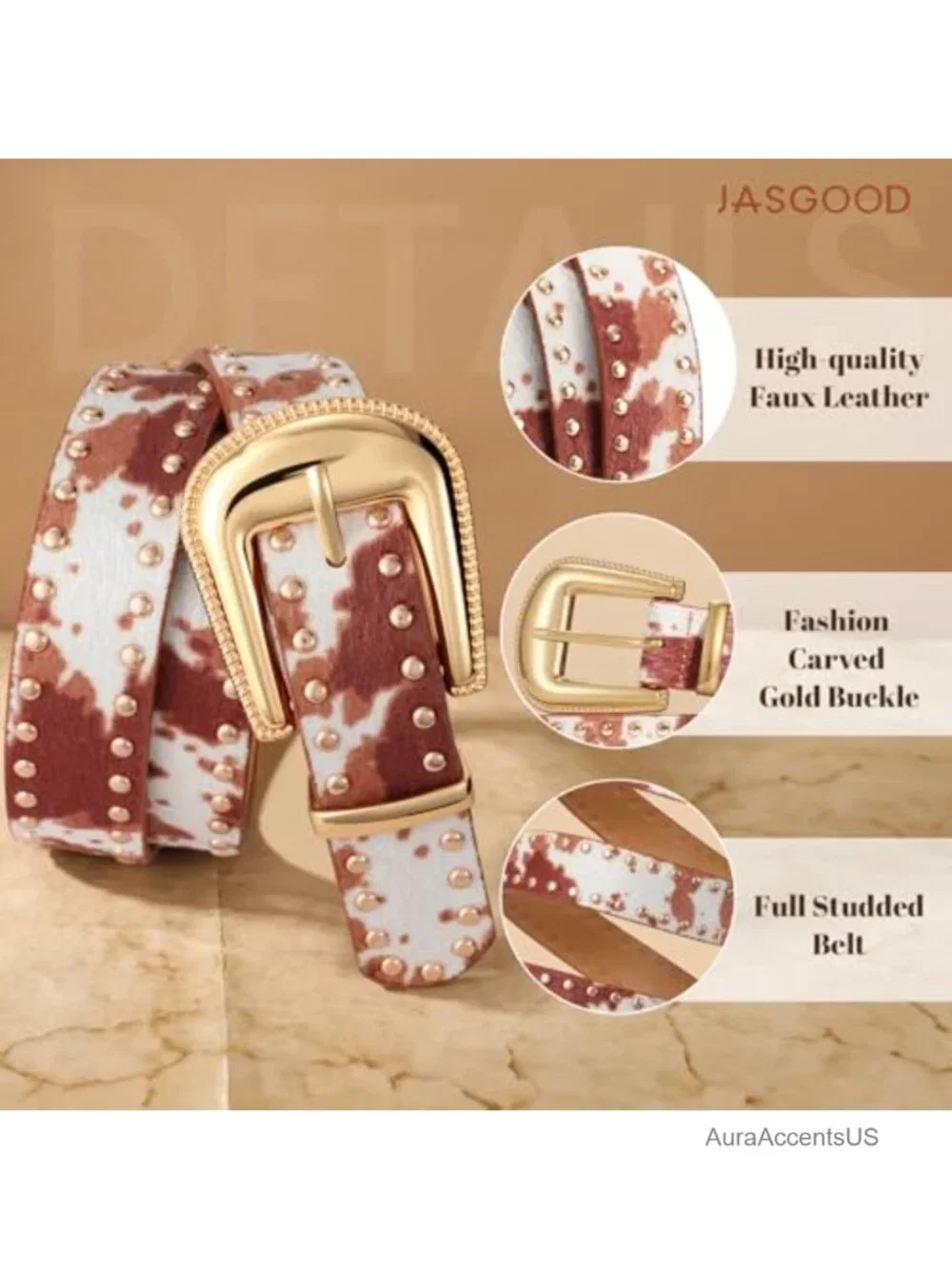 Women PU Leather Studded Western Belt Gold Buckle Punk Waist Belt for Jeans